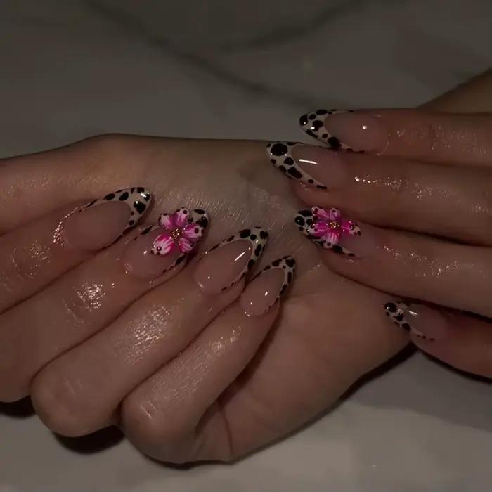 24 pièces marron français imprimé léopard presse sur ongles stéréo rose fleur conçoit automne faux o