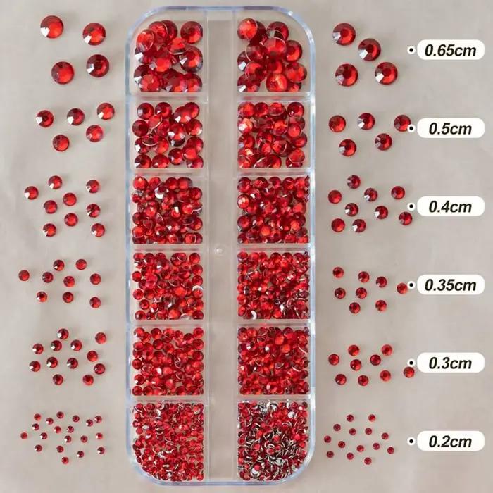Strass pour ongles rouges, 12 grilles, 2/3/4/5mm, dos plat, cristal, diamant SS6/10/16/20/30, breloq
