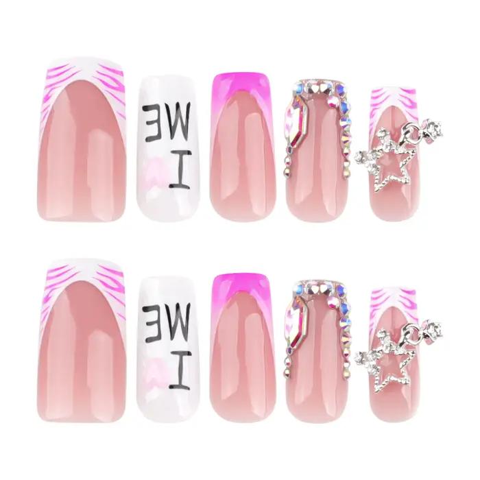JoDecor-Faux ongles à imprimé zèbre rose, diamant flash, style français, presse sur N64.Star, Y2k, j