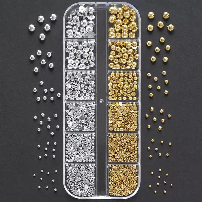 12 grilles or argent perles pour ongles 3D demi-rond perle ongles breloques métal ongles perles Cavi