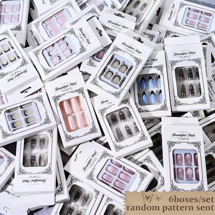 6 boîtes/144 pièces mélange aléatoire Style court rond presse sur ongles doux couverture complète dé