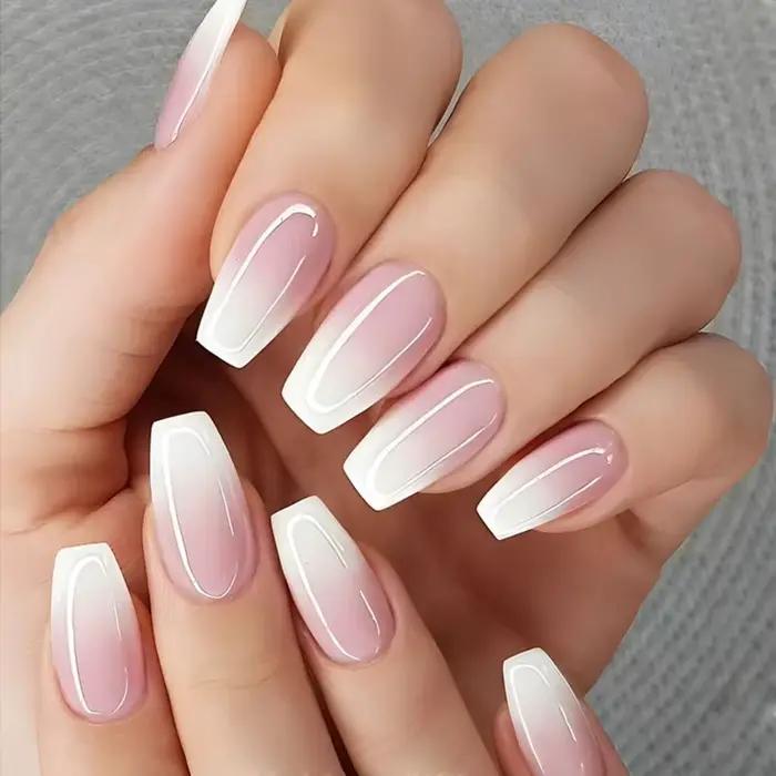 Faux ongles de ballerine française dégradés, ongles de cercueil moyens imperméables, presse sur N64.