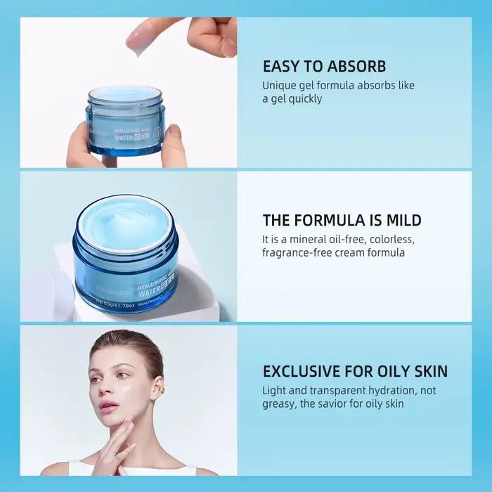 Gel d'eau hydratant à l'acide hyaluronique/crème hydratante pour le visage, hydratant quotidien pour peau sèche, améliore la sécheresse, 50g