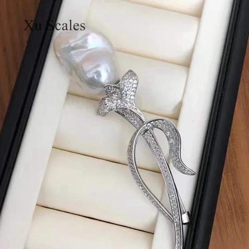 Broche Fleur Tulipe pour Femme, Perle d'Eau Douce Naturelle, Broche Baroque Exquise, Remplissage Or 