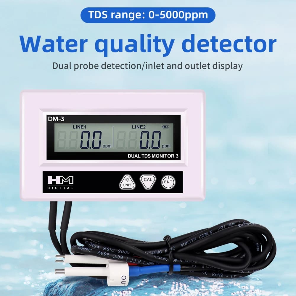 HM DM3 Testeur de qualité de l'eau en ligne double TDS EC, affichage LCD HD, double sonde, pour eau 