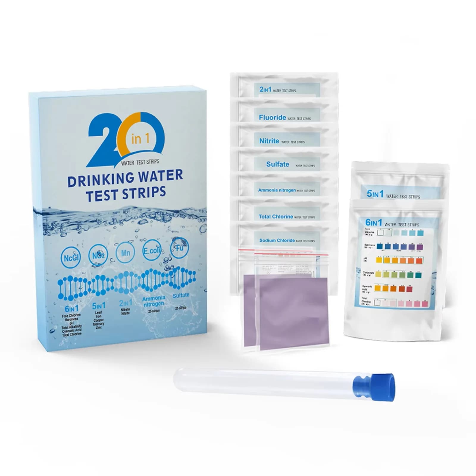 Bandelettes de test d'eau YAGO 20 en 1, kit de test d'eau potable pour la maison, E. Coli, plomb, pH