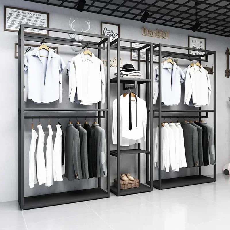 Étagère de présentation pour magasin de vêtements pour hommes, noire, double niveau, sur pied, pour 