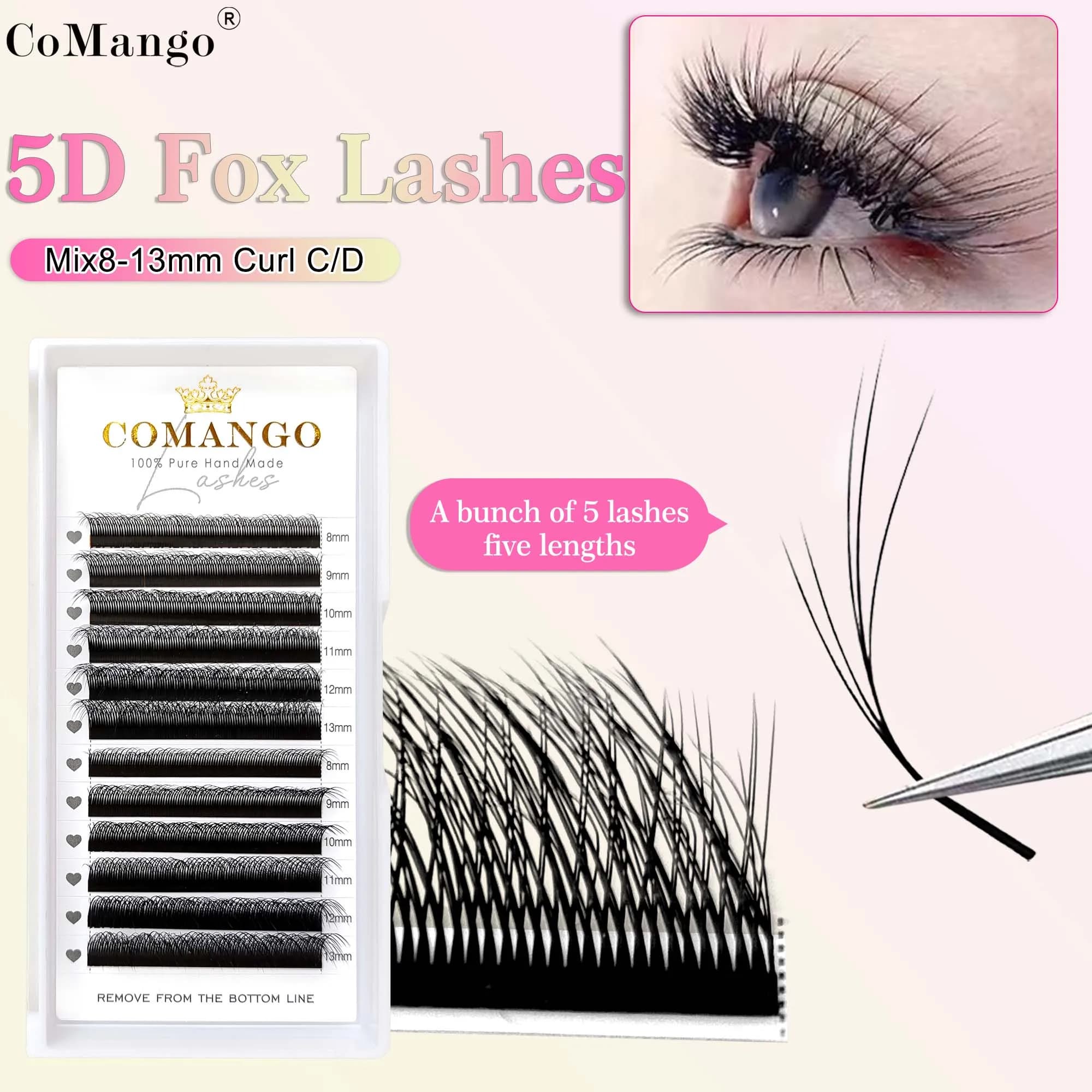 CoMango 5D fox YY shape eye lashes extension C/D curl professional black fox eye style lash high qua
