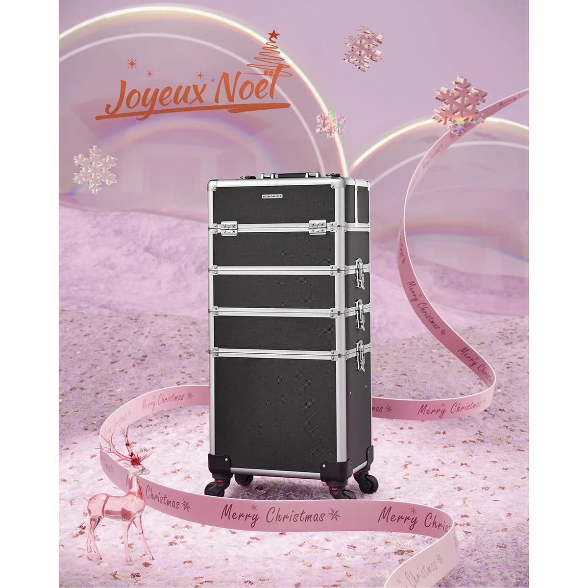 Coffret à Maquillage 4 en 1, Valise à Maquillage, Verrouillable, Roulettes, Noir