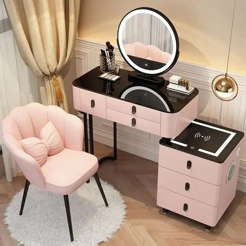 Coiffeuse moderne avec chargement sans fil intelligent, Table de maquillage multifonctionnelle de lu