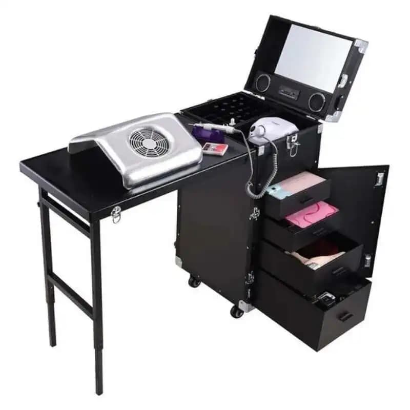 Poste de Travail Cosmétique Noir, Étui Portable Pliable et Roulant, Tables de Module pour Ongles, Ma