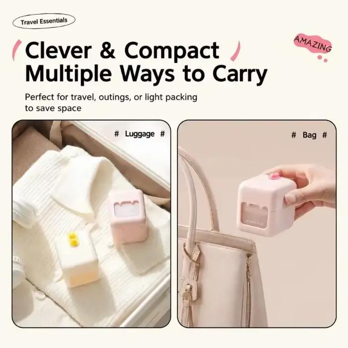 Flacon de voyage portable 2-en-1 pour le démaquillage, étanche, avec compartiment pour le liquide et les cotons, rangement multifonctionnel.