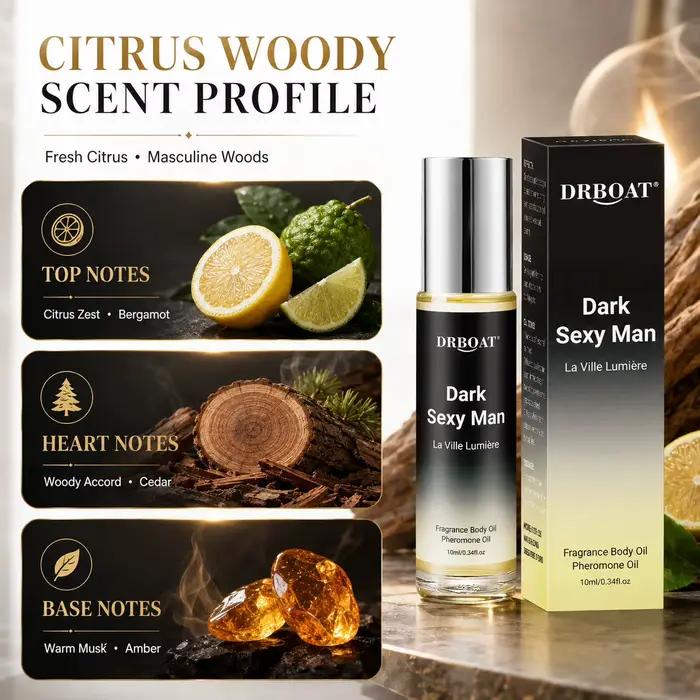 Huile parfumée en roll-on pour hommes, parfum boisé et agrumes de qualité supérieure, parfum en roll-on à base de phéromones, sans alcool, longue tenue, idéal comme cadeau pour lui.