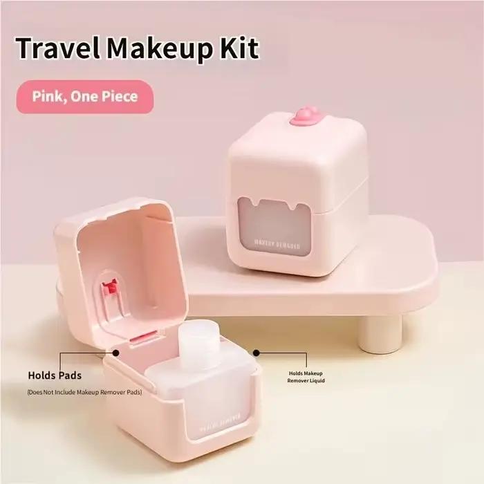 Flacon de voyage portable 2-en-1 pour le démaquillage, étanche, avec compartiment pour le liquide et les cotons, rangement multifonctionnel.