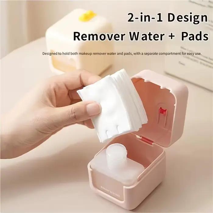 Flacon de voyage portable 2-en-1 pour le démaquillage, étanche, avec compartiment pour le liquide et les cotons, rangement multifonctionnel.