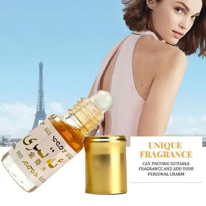 Huile de parfum arabe roll-on portable, parfum longue durée pour hommes et femmes, Moyen-Orient, huile de parfum roll-on dorée, parfum portable.