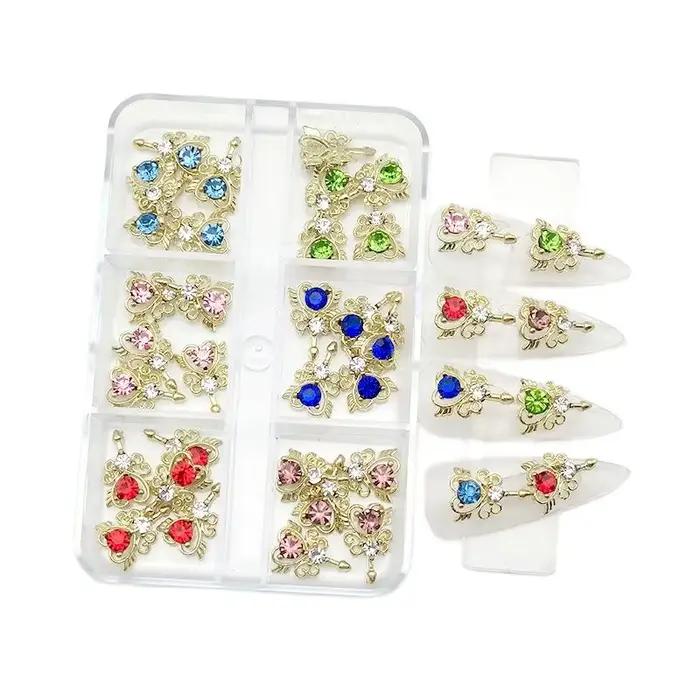 6 compartiments de strass pour ongles, breloques croix planète Saturne, bijoux de luxe pour ongles,