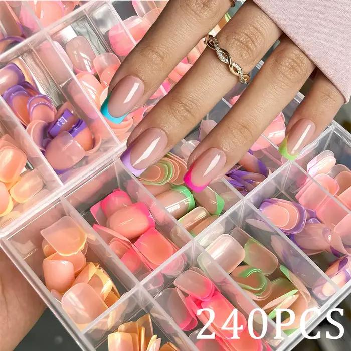 1 boîte couleur bonbon français court carré faux ongles rose/vert/violet couverture complète Macaron