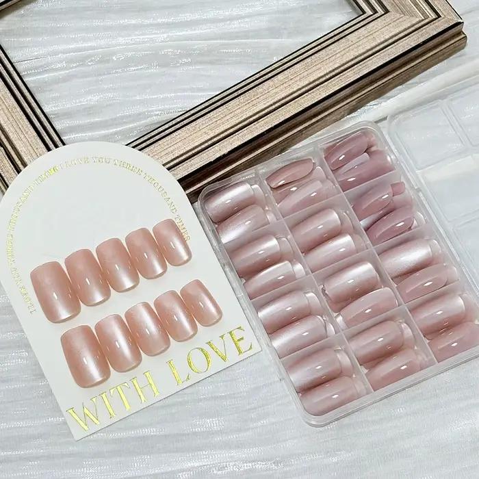 144 pièces/boîte, faux ongles en gel rose nude, effet œil de chat, brillants, courts, tête ronde, fa