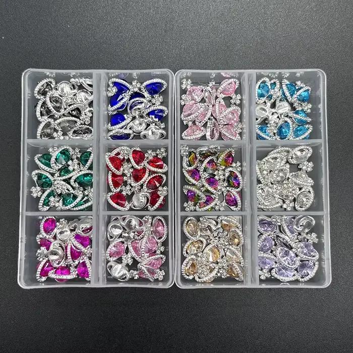 6 compartiments de strass pour ongles, breloques croix planète Saturne, bijoux de luxe pour ongles,