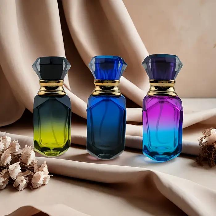 Ensemble de 2 bouteilles distributrices de parfum en verre rechargeables élégantes pour femmes avec finition dégradée bleu profond jaune prune rechargeables occasions spéciales