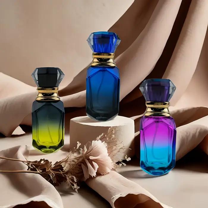 Ensemble de 2 bouteilles distributrices de parfum en verre rechargeables élégantes pour femmes avec finition dégradée bleu profond jaune prune rechargeables occasions spéciales