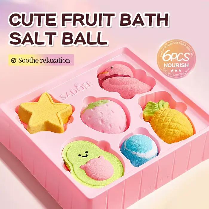 Ensemble de 6 boules de sel de bain aux fruits mignons pour le nettoyage du corps, boules de sel de bain à l'acide citrique qui vous aident à soulager la fatigue de la journée, terre volcanique, pour