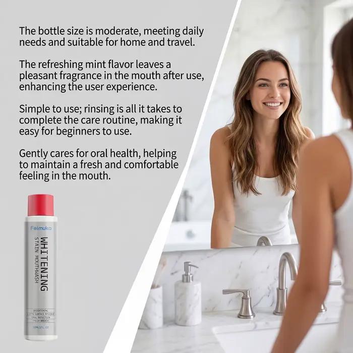 Bain de bouche détachant, blanchissant les dents, éliminant la plaque dentaire, pour une haleine fraîche, réduisant les odeurs buccales, sensation de fraîcheur, hygiène bucco-dentaire, nettoyant pour