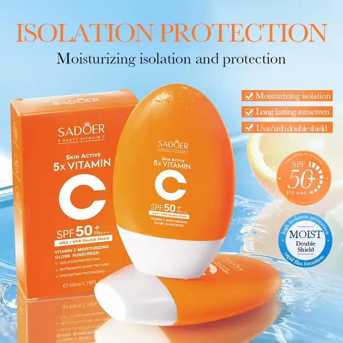 Crème solaire hydratante à la vitamine C SPF50+ PA+++ 50ml, protection UVA/UVB à large spectre, crème solaire anti-photovieillissement