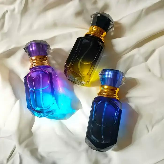 Ensemble de 2 bouteilles distributrices de parfum en verre rechargeables élégantes pour femmes avec finition dégradée bleu profond jaune prune rechargeables occasions spéciales