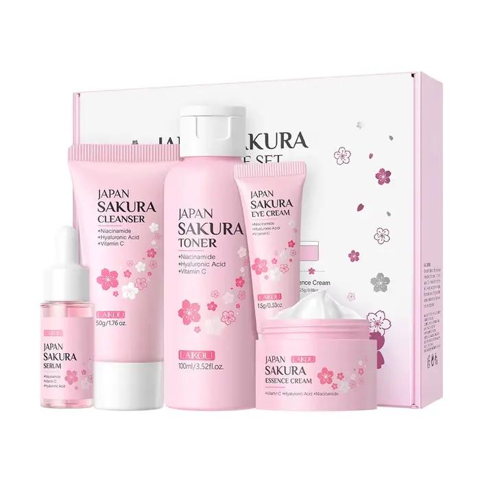 Coffret beauté LAIKOU Sakura 5 pièces : nettoyant, tonique, sérum, crème contour des yeux, crème hyd
