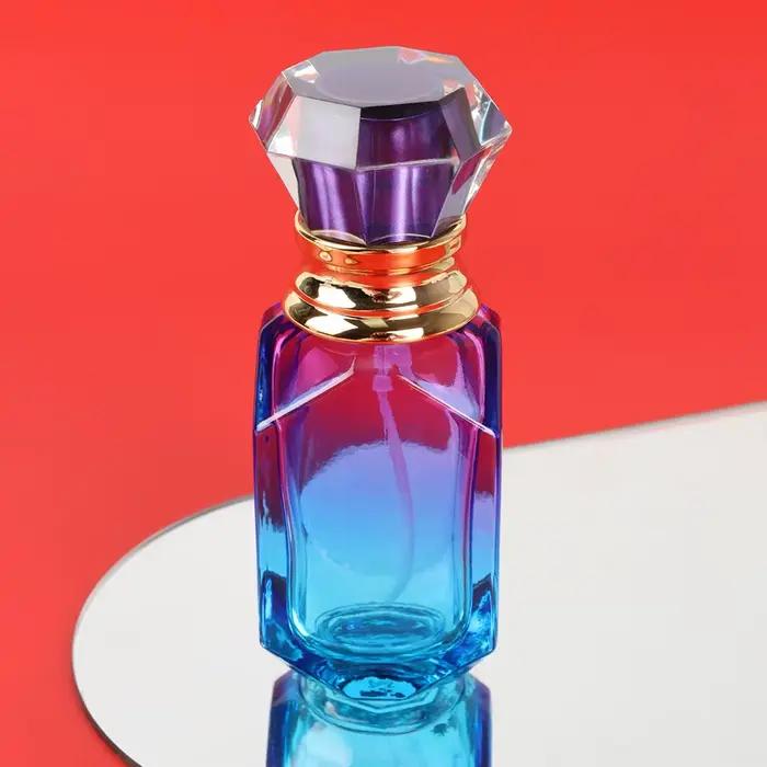 Ensemble de 2 bouteilles distributrices de parfum en verre rechargeables élégantes pour femmes avec finition dégradée bleu profond jaune prune rechargeables occasions spéciales