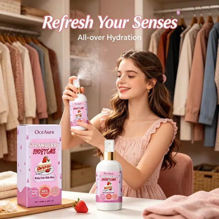 Brume pour le corps OceAura au parfum de gâteau à la fraise, spray hydratant et rafraîchissant pour