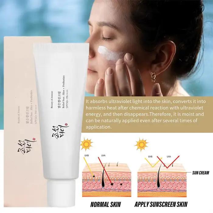 Crème solaire SPF50+ anti-UV pour le visage et le corps, 50 ml, crème solaire beauté à base de probiotiques de riz, bloqueur solaire pour la peau, été, bord de mer