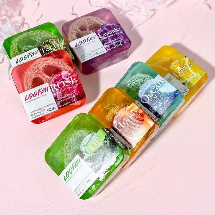 Savon d'huile essentielle de bain de nettoyage en profondeur de sel de mer de luffa, mousse riche et délicate, facile à laver, savon d'été rafraîchissant