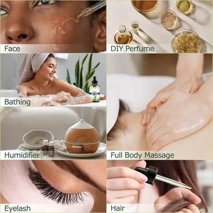 L'huile essentielle d'arbre à thé convient aux soins de la peau, au massage, au bain et à l'aromathérapie. Il convient pour le visage, le corps, etc.