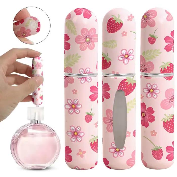 Contenant rechargeable de parfum élégant et écologique pour femme avec distributeur de type presse et plusieurs couleurs disponibles pour toutes occasions