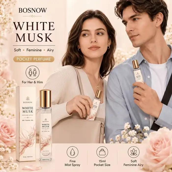Eau de Toilette Musc Blanc 15ml pour Femme, Flacon Vaporisateur Compact en Verre Haut de Gamme, Parfum Féminin, Frais et Propre, Non Sucré, mais avec un Parfum Léger, Idéal pour un Usage Quotidien, le