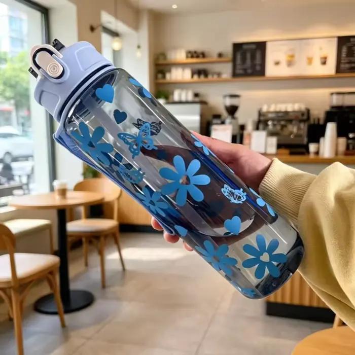 Bouteille d'eau florale de 750 ml avec nœud, grande capacité, fraîche, esthétique, avec paille et po