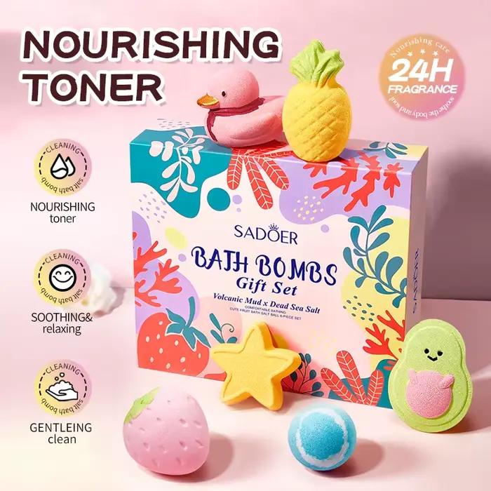 Ensemble de 6 boules de sel de bain aux fruits mignons pour le nettoyage du corps, boules de sel de bain à l'acide citrique qui vous aident à soulager la fatigue de la journée, terre volcanique, pour