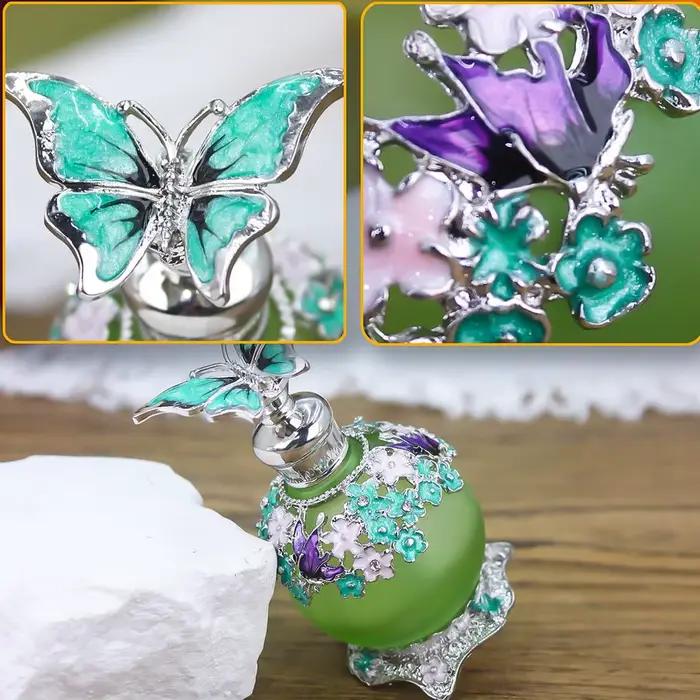 Flacon de parfum vintage avec contenant en verre givré émaillé métallique et capuchon créatif oiseau/papillon