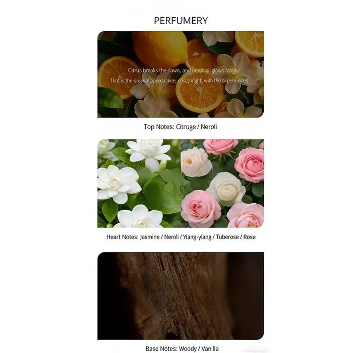Brume parfumée florale fruitée boisée vanille pour femmes avec notes d'orange neroli jasmin tubéreuse rose occasionnelle longue tenue