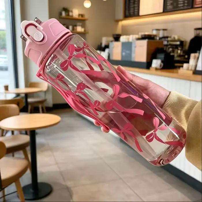 Bouteille d'eau florale de 750 ml avec nœud, grande capacité, fraîche, esthétique, avec paille et poignée, portable, idéale pour les voyages