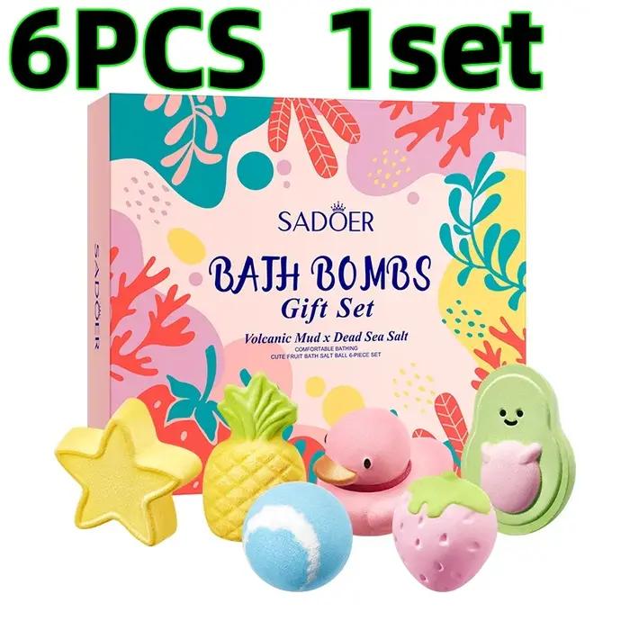 Ensemble de 6 boules de sel de bain aux fruits mignons pour le nettoyage du corps, boules de sel de bain à l'acide citrique qui vous aident à soulager la fatigue de la journée, terre volcanique, pour