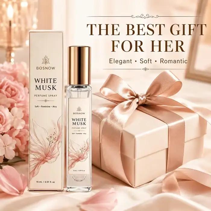 Eau de Toilette Musc Blanc 15ml pour Femme, Flacon Vaporisateur Compact en Verre Haut de Gamme, Parfum Féminin, Frais et Propre, Non Sucré, mais avec un Parfum Léger, Idéal pour un Usage Quotidien, le