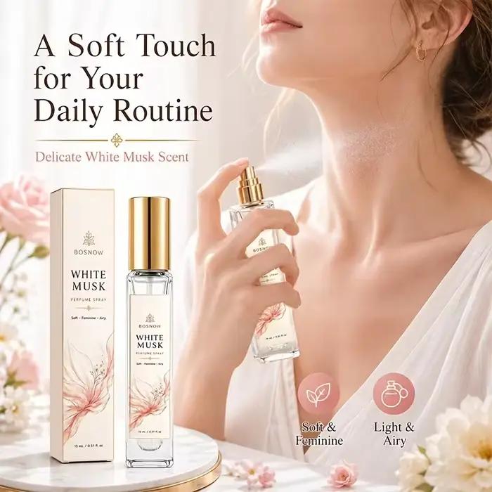 Eau de Toilette Musc Blanc 15ml pour Femme, Flacon Vaporisateur Compact en Verre Haut de Gamme, Parfum Féminin, Frais et Propre, Non Sucré, mais avec un Parfum Léger, Idéal pour un Usage Quotidien, le