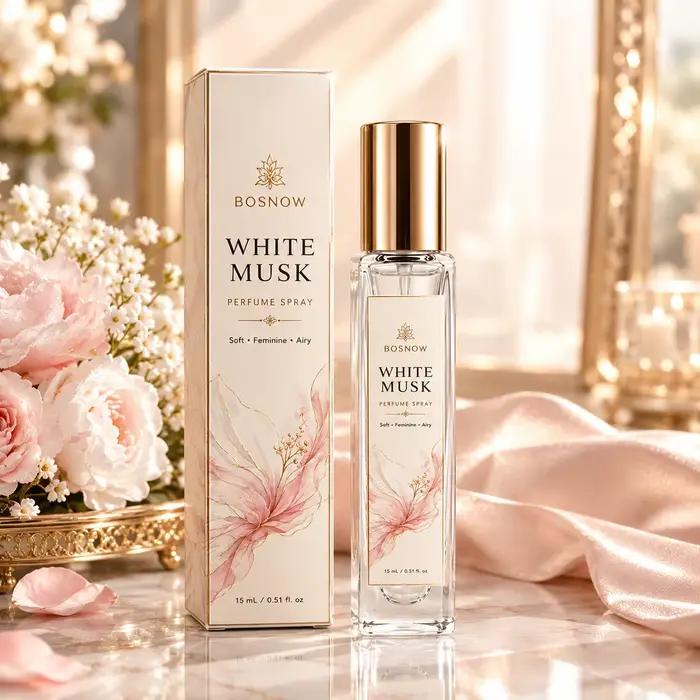 Eau de Toilette Musc Blanc 15ml pour Femme, Flacon Vaporisateur Compact en Verre Haut de Gamme, Parfum Féminin, Frais et Propre, Non Sucré, mais avec un Parfum Léger, Idéal pour un Usage Quotidien, le