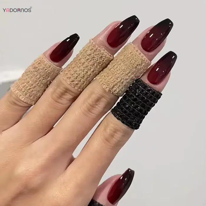 Faux ongles en forme de cercueil, dégradé rouge et noir, longueur moyenne, avec onglets collants, po