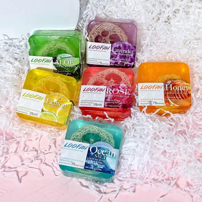 Savon d'huile essentielle de bain de nettoyage en profondeur de sel de mer de luffa, mousse riche et délicate, facile à laver, savon d'été rafraîchissant