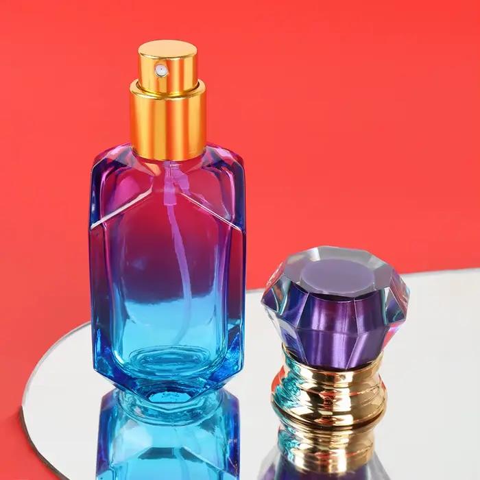Ensemble de 2 bouteilles distributrices de parfum en verre rechargeables élégantes pour femmes avec finition dégradée bleu profond jaune prune rechargeables occasions spéciales